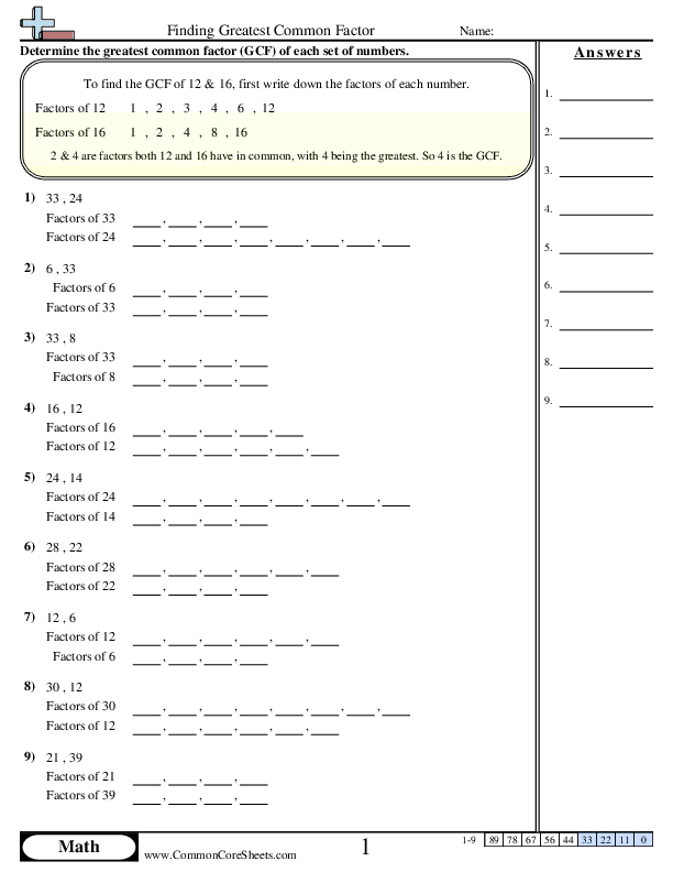 Identifying Greatest Common Factor (With Help) worksheet